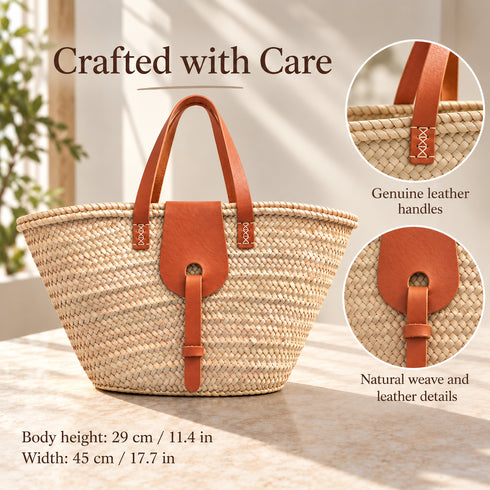 Straw Market Basket, Moroccan Handwoven Tote, Leather Handle Beach Bag