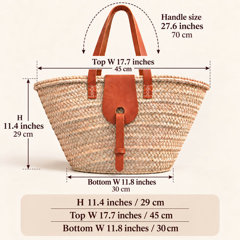 Straw Market Basket, Moroccan Handwoven Tote, Leather Handle Beach Bag