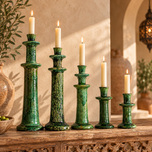 Tamegroute Candle Holder, Green Moroccan Pottery, Handmade Ceramic Candlestick, Rustic Boho Home Decor