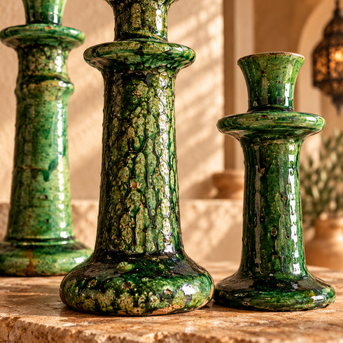 Tamegroute Candle Holder, Green Moroccan Pottery, Handmade Ceramic Candlestick, Rustic Boho Home Decor