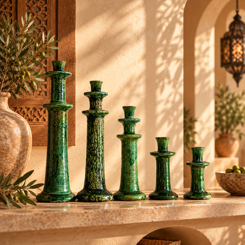 Tamegroute Candle Holder, Green Moroccan Pottery, Handmade Ceramic Candlestick, Rustic Boho Home Decor