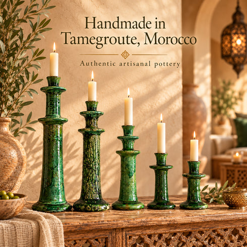 Tamegroute Candle Holder, Green Moroccan Pottery, Handmade Ceramic Candlestick, Rustic Boho Home Decor