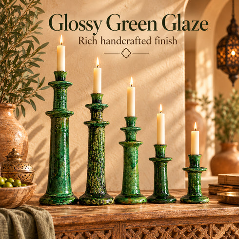 Tamegroute Candle Holder, Green Moroccan Pottery, Handmade Ceramic Candlestick, Rustic Boho Home Decor