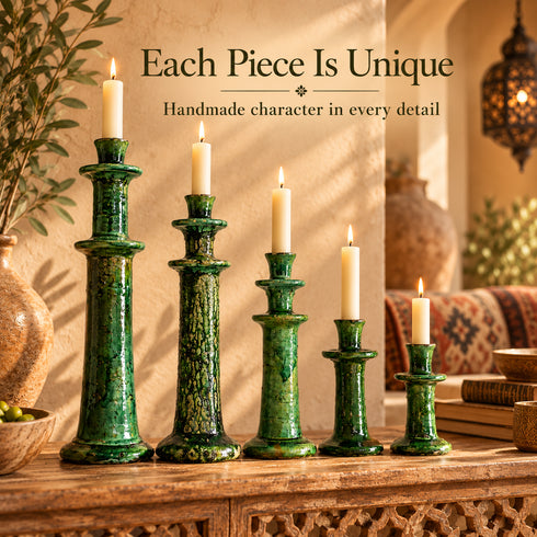 Tamegroute Candle Holder, Green Moroccan Pottery, Handmade Ceramic Candlestick, Rustic Boho Home Decor