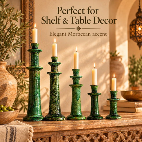 Tamegroute Candle Holder, Green Moroccan Pottery, Handmade Ceramic Candlestick, Rustic Boho Home Decor