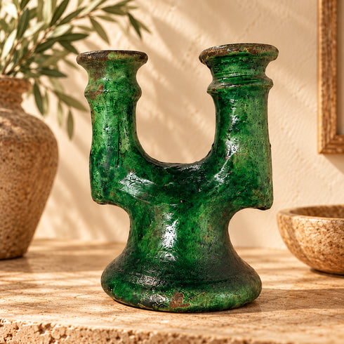 Tamegroute Candle Holder, Green Moroccan Pottery, Handmade Ceramic Candlestick, Rustic Home Decor