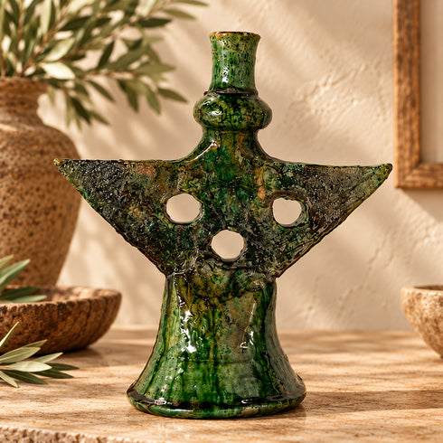 Tamegroute Candle Holder, Green Moroccan Pottery, Handmade Ceramic Candlestick, Rustic Home Decor