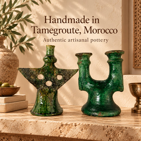 Tamegroute Candle Holder, Green Moroccan Pottery, Handmade Ceramic Candlestick, Rustic Home Decor