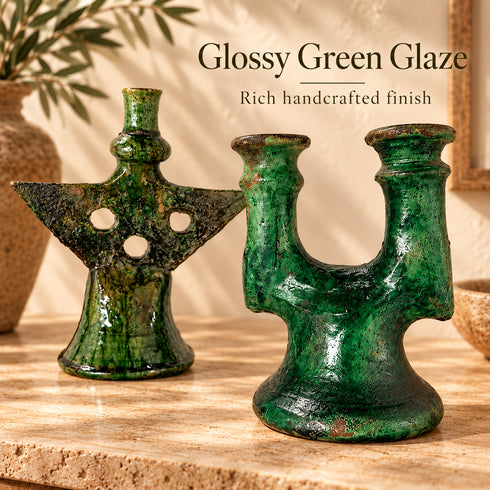 Tamegroute Candle Holder, Green Moroccan Pottery, Handmade Ceramic Candlestick, Rustic Home Decor