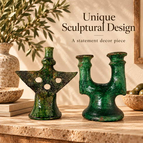 Tamegroute Candle Holder, Green Moroccan Pottery, Handmade Ceramic Candlestick, Rustic Home Decor