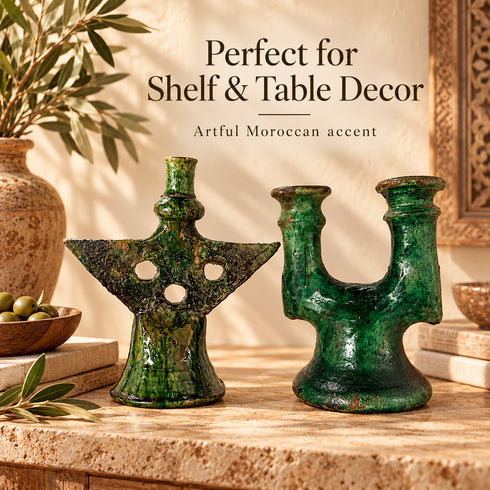 Tamegroute Candle Holder, Green Moroccan Pottery, Handmade Ceramic Candlestick, Rustic Home Decor