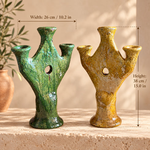 Tamegroute Candle Holder, Green & Ocher Moroccan Pottery, Handmade Ceramic Candlestick, Boho Decor
