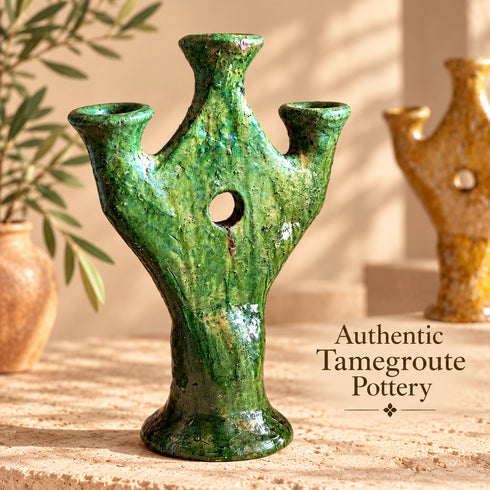 Tamegroute Candle Holder, Green & Ocher Moroccan Pottery, Handmade Ceramic Candlestick, Boho Decor