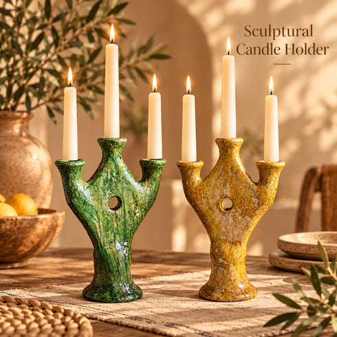 Tamegroute Candle Holder, Green & Ocher Moroccan Pottery, Handmade Ceramic Candlestick, Boho Decor