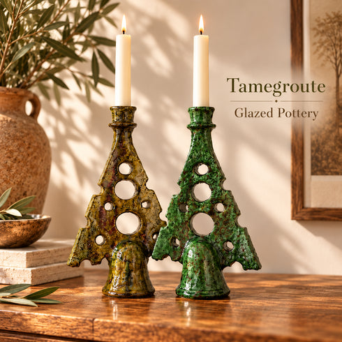 Tamegroute Candle Holder, Green & Ocher Moroccan Pottery, Handmade Ceramic Candlestick, Rustic Decor