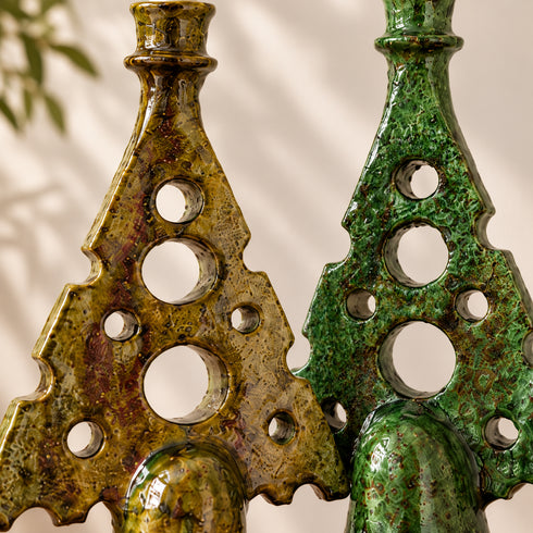 Tamegroute Candle Holder, Green & Ocher Moroccan Pottery, Handmade Ceramic Candlestick, Rustic Decor