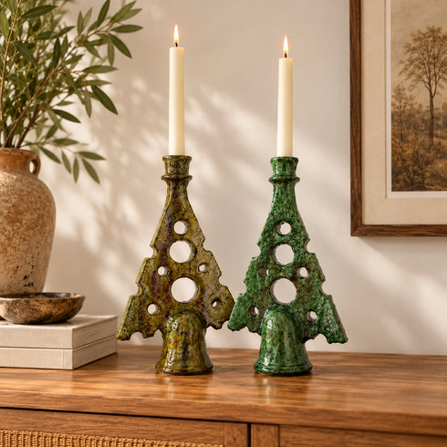 Tamegroute Candle Holder, Green & Ocher Moroccan Pottery, Handmade Ceramic Candlestick, Rustic Decor