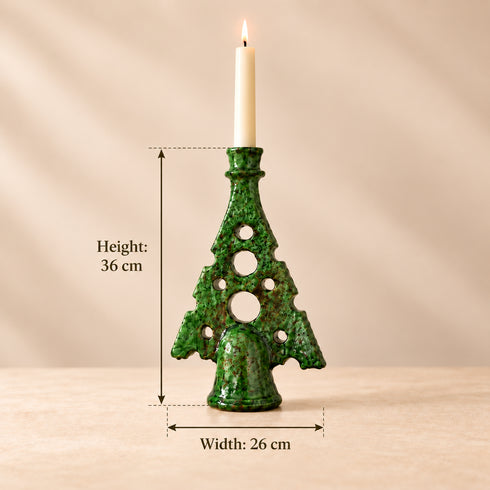 Tamegroute Candle Holder, Green & Ocher Moroccan Pottery, Handmade Ceramic Candlestick, Rustic Decor