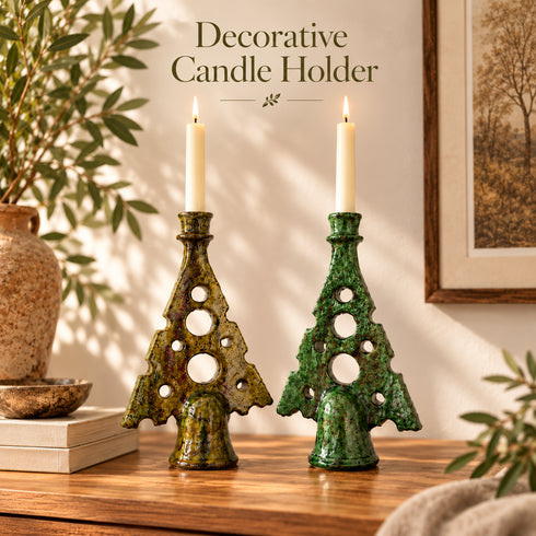 Tamegroute Candle Holder, Green & Ocher Moroccan Pottery, Handmade Ceramic Candlestick, Rustic Decor