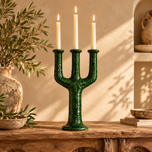 Tamegroute Candle Holder, Moroccan Ceramic Candelabra, Green Yellow Pottery, Handmade Boho Home Decor