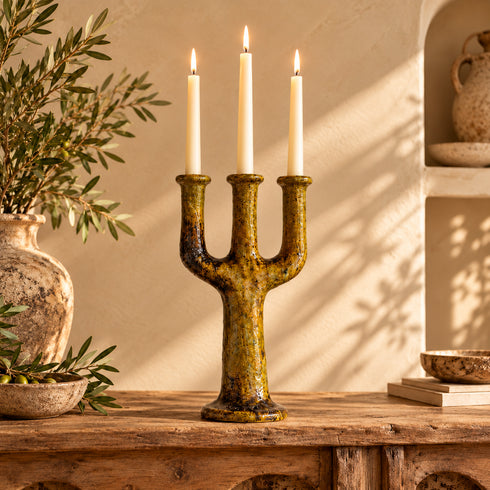 Tamegroute Candle Holder, Moroccan Ceramic Candelabra, Green Yellow Pottery, Handmade Boho Home Decor