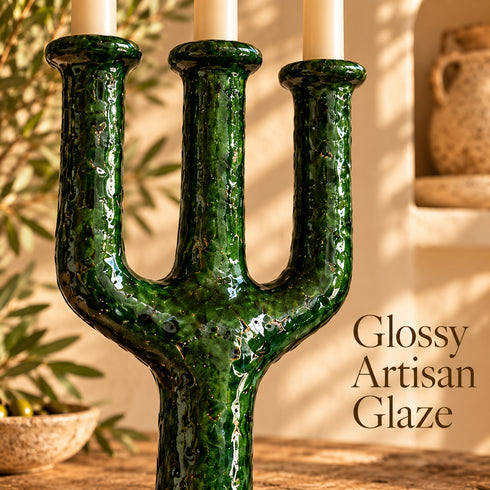 Tamegroute Candle Holder, Moroccan Ceramic Candelabra, Green Yellow Pottery, Handmade Boho Home Decor
