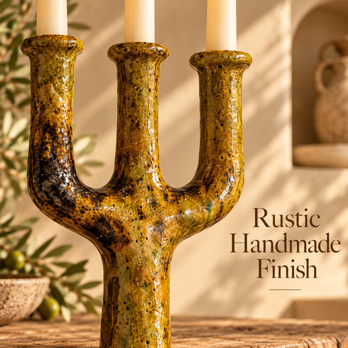 Tamegroute Candle Holder, Moroccan Ceramic Candelabra, Green Yellow Pottery, Handmade Boho Home Decor