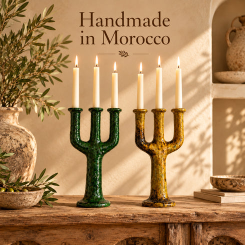 Tamegroute Candle Holder, Moroccan Ceramic Candelabra, Green Yellow Pottery, Handmade Boho Home Decor
