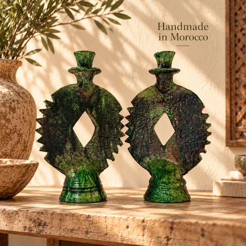 Tamegroute Candle Holder, Moroccan Green Pottery, Handmade Ceramic Candlestick, Boho Home Decor