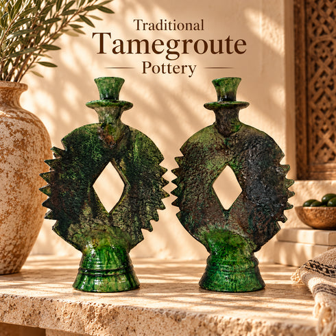 Tamegroute Candle Holder, Moroccan Green Pottery, Handmade Ceramic Candlestick, Boho Home Decor