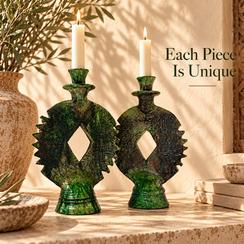 Tamegroute Candle Holder, Moroccan Green Pottery, Handmade Ceramic Candlestick, Boho Home Decor