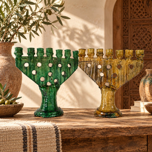 Tamegroute Candle Holder, Moroccan Green & Ocher Pottery, Handmade Ceramic Candelabra, Rustic Home Decor