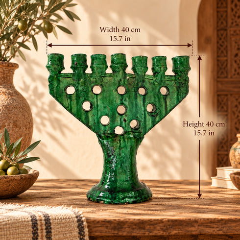 Tamegroute Candle Holder, Moroccan Green & Ocher Pottery, Handmade Ceramic Candelabra, Rustic Home Decor