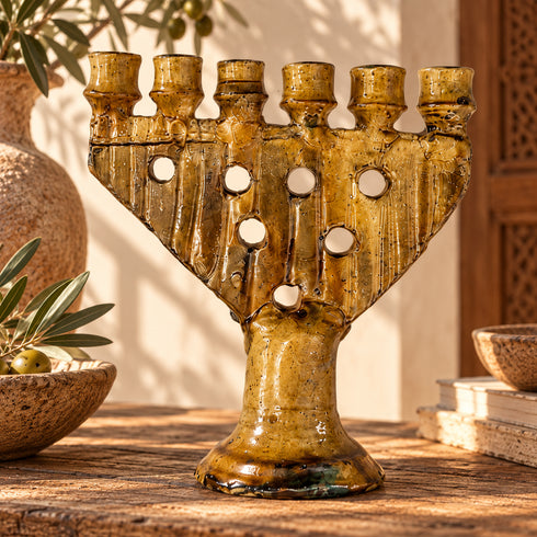 Tamegroute Candle Holder, Moroccan Green & Ocher Pottery, Handmade Ceramic Candelabra, Rustic Home Decor