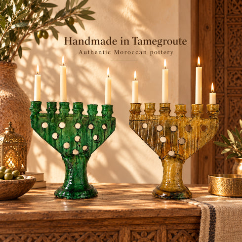 Tamegroute Candle Holder, Moroccan Green & Ocher Pottery, Handmade Ceramic Candelabra, Rustic Home Decor