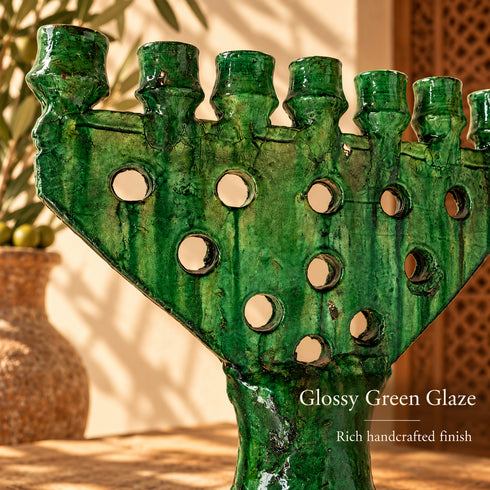 Tamegroute Candle Holder, Moroccan Green & Ocher Pottery, Handmade Ceramic Candelabra, Rustic Home Decor