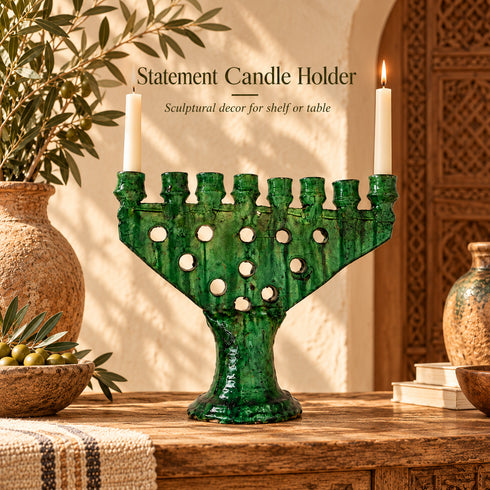 Tamegroute Candle Holder, Moroccan Green & Ocher Pottery, Handmade Ceramic Candelabra, Rustic Home Decor