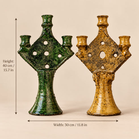 Tamegroute Candle Holder, Moroccan Green & Ochre Ceramic Candelabra, Handmade Pottery Home Decor