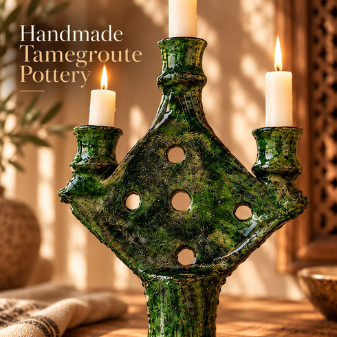 Tamegroute Candle Holder, Moroccan Green & Ochre Ceramic Candelabra, Handmade Pottery Home Decor