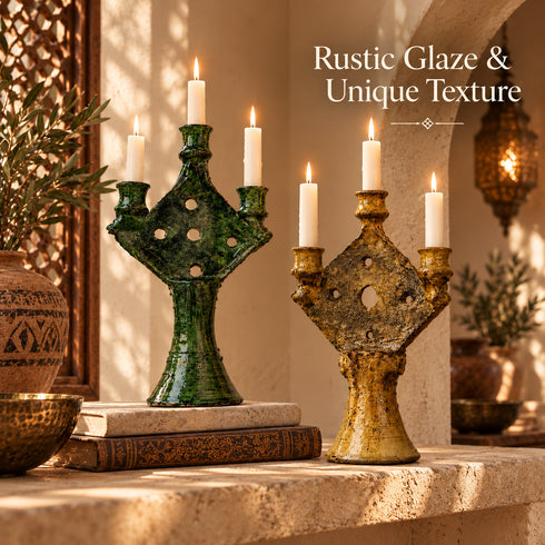 Tamegroute Candle Holder, Moroccan Green & Ochre Ceramic Candelabra, Handmade Pottery Home Decor