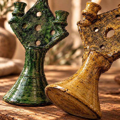 Tamegroute Candle Holder, Moroccan Green & Ochre Ceramic Candelabra, Handmade Pottery Home Decor
