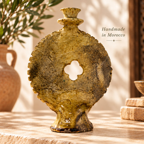 Tamegroute Candle Holder, Moroccan Green & Ochre Ceramic Candlestick, Handmade Pottery, Boho Home Decor
