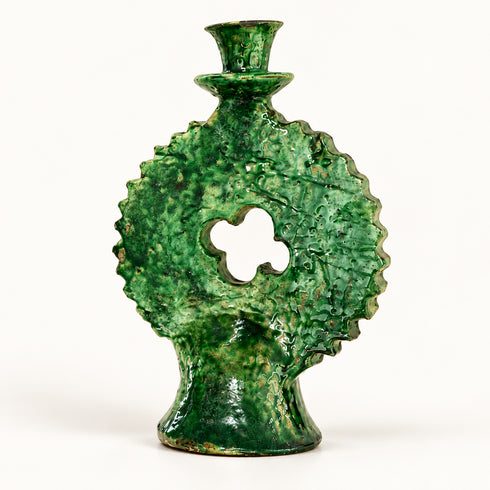 Tamegroute Candle Holder, Moroccan Green & Ochre Ceramic Candlestick, Handmade Pottery, Boho Home Decor