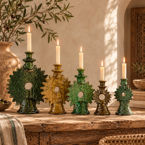 Tamegroute Candle Holder, Moroccan Green & Ochre Pottery, Handmade Ceramic Candlestick, Boho Decor