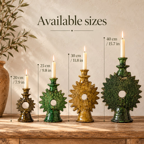 Tamegroute Candle Holder, Moroccan Green & Ochre Pottery, Handmade Ceramic Candlestick, Boho Decor
