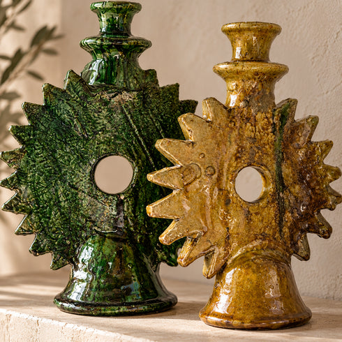 Tamegroute Candle Holder, Moroccan Green & Ochre Pottery, Handmade Ceramic Candlestick, Boho Decor