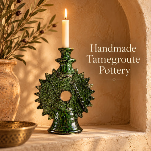 Tamegroute Candle Holder, Moroccan Green & Ochre Pottery, Handmade Ceramic Candlestick, Boho Decor