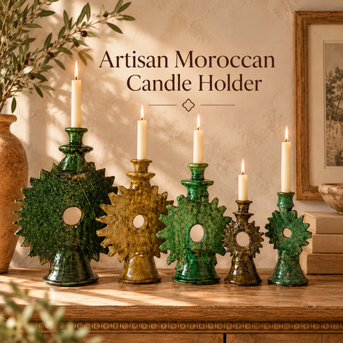 Tamegroute Candle Holder, Moroccan Green & Ochre Pottery, Handmade Ceramic Candlestick, Boho Decor