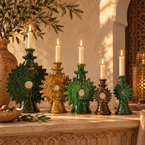 Tamegroute Candle Holder, Moroccan Green & Ochre Pottery, Handmade Ceramic Candlestick, Boho Decor