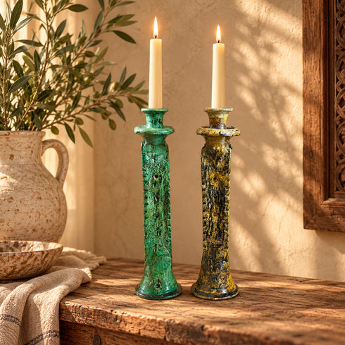 Tamegroute Candle Holder, Moroccan Green & Ochre Pottery, Handmade Ceramic Candlestick, Boho Home Decor